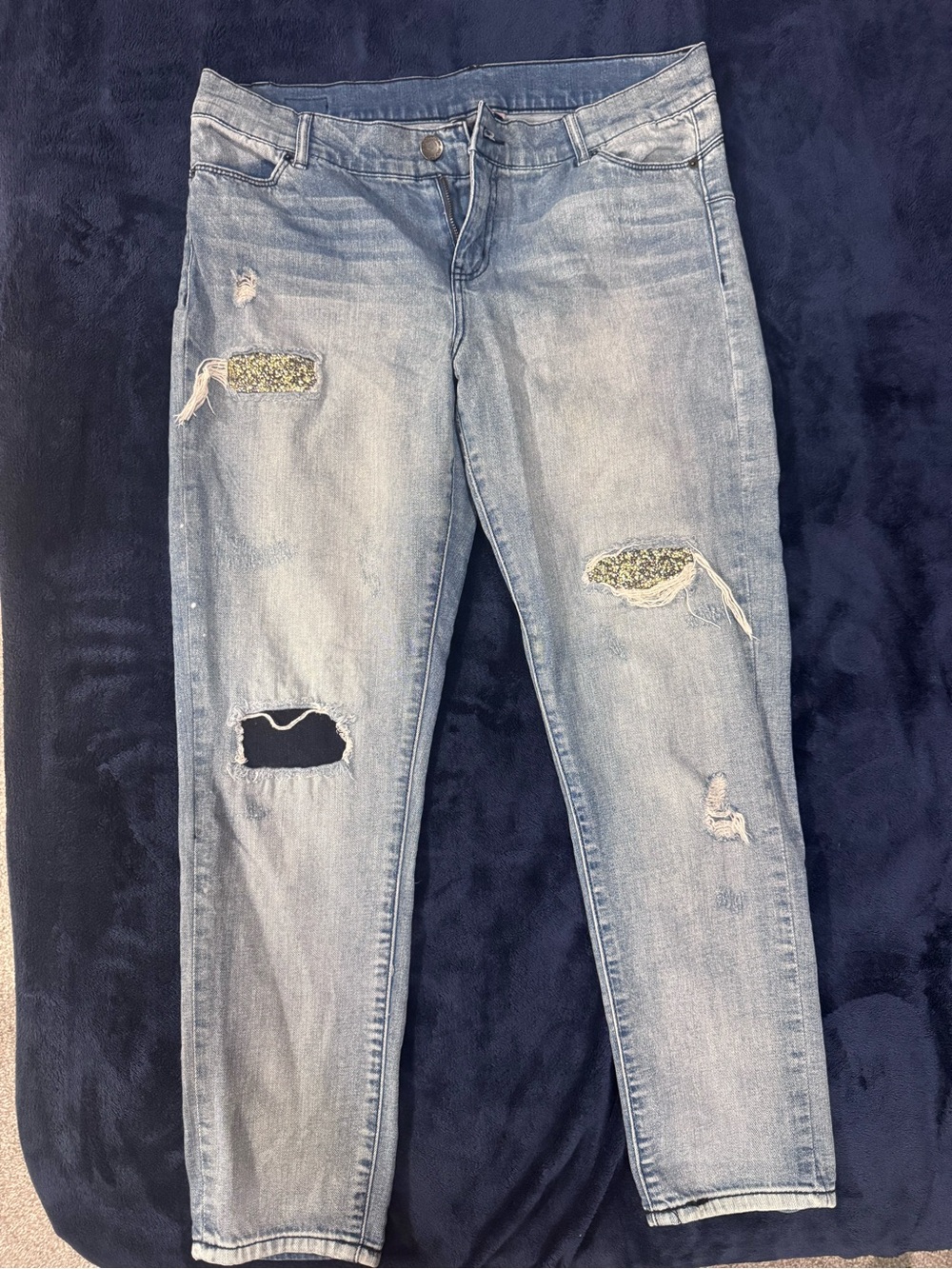 Juicy Couture Light Blue Distressed Straight Leg Jeans with Patch Accents